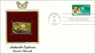 Lincoln Ellsworth Antarctic Explorer USA Golden Gold 22k Plated Stamp FDC 1988 - Image 1 of 2