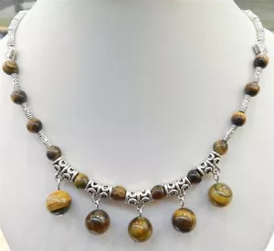 LOVELY NATURAL TIGER'S EYE ROUND BEADS PENDANTS & TIBET SILVER NECKLACE 18" - Picture 1 of 6