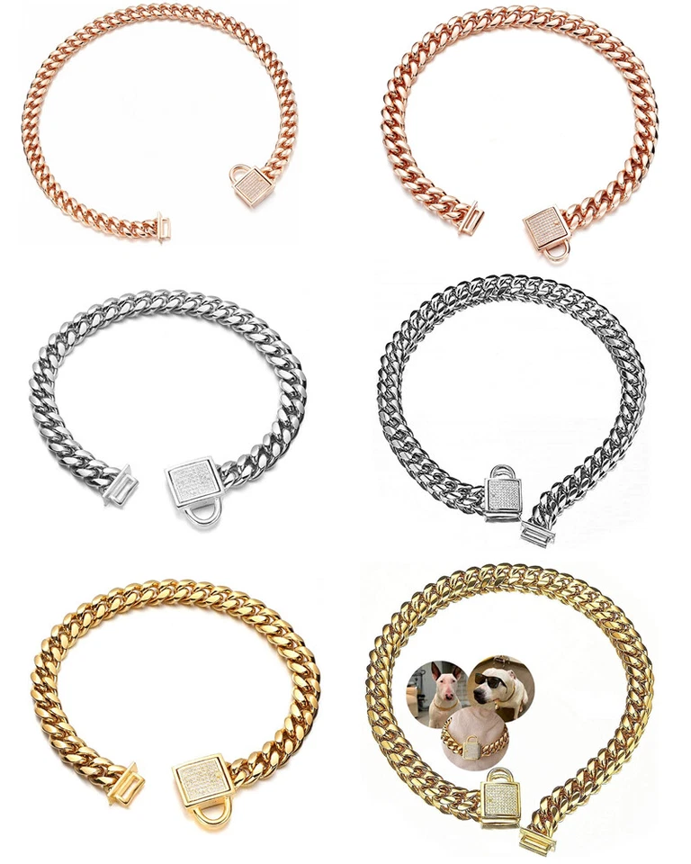 Silver/Gold/RoseGold Chain Dog Collars Cuban Link Metal Collar with Bling Lock - Image 1 of 1
