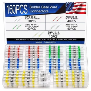 160PCS Solder Stick Waterproof Seal Sleeve Kit Heat Shrink Butt Wire Connectors - Picture 1 of 12