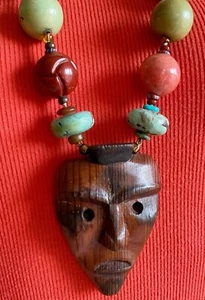 Fantastic Tiki Style Necklace W/Semi Precious Stones Hand Carved Wood Tiki Face - Picture 1 of 8
