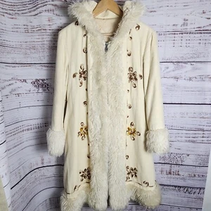 Vintage Afghan Tench Coat Hooded Penny Lane Y2K Embroidered Small Gorgeous White - Picture 1 of 12