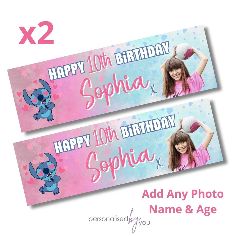 2x Personalised PHOTO Disney LILO & STITCH Birthday Banner LARGE Poster ANY TEXT - Image 1 of 1