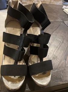 Boston Proper Platform Shoes 5" High Gold And Black Heels With Cork. 6 1/2m - Picture 1 of 3