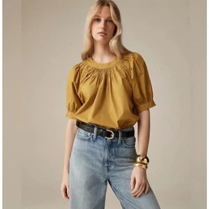 J. Crew Smocked Poplin Puff Sleeve Top Honey Brown Regenerative Cotton S - Picture 1 of 6