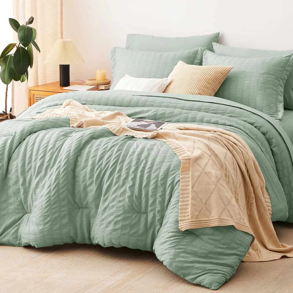 Queen Comforter Set Sage Green Seersucker 7 Pieces Bed in a Bag Queen Comfort... - Image 1 of 4
