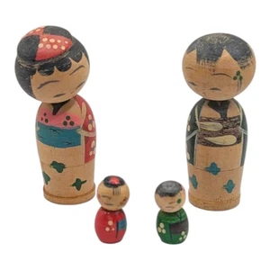 Japanische Holz Kokeshi Puppe Wackelkopf verschachtelte Familie 4 Figuren Vintage - Bild 1 von 15
