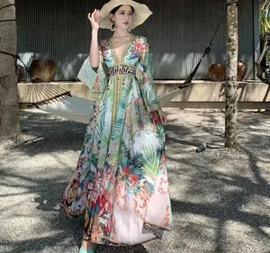 Runway Vintage Print Flower Long Dress Women Flare Sleeve V Neck s-xxl - Picture 1 of 2
