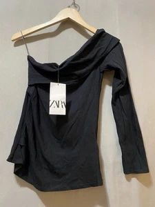NWT ZARA Women Asymmetric Foldover One Shoulder Long Sleeve Knit Top SZ M Black - Picture 1 of 14