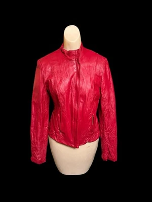 Chaqueta de Motociclista Vintage Alfani Cuero Rojo Cremallera Lema XS PEQUEÑA Foto 1 de 4