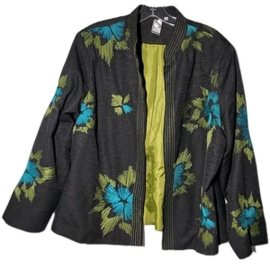 Silk Land Women's Size 1X Black Silk Blazer Fully Lined Embroidered Teal & Green - Picture 1 of 7