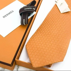 HERMÈS Orange Tie Silk Men H Pattern Logo France from Japan Popular Auth - Picture 1 of 11