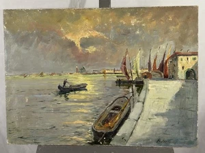 Huile sur toile signée : École Italienne XIXe - XXe vue de Venise ? 50x70 cm - Picture 1 of 13