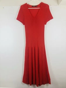 Ralph Lauren Pointelle Red Knit Crochet V Neck Short Sleeve Flare Midi Dress M - Picture 1 of 7