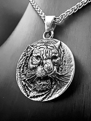 Tiger Medaillon Anhänger Edelstahl Halskette Stern Zeichen Schmuck Biker K199A - Bild 1 von 4