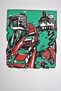 Jürgen Tenz Wochenendausflug Linolschnitt auf Bütten handsigniert 1989 - Bild 1 von 4