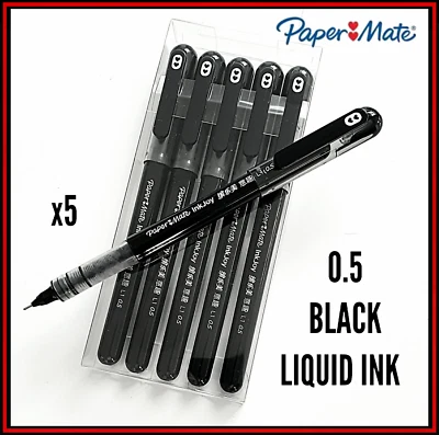 PAPER MATE Papermate pens x 5 Papermate inkjoy Rollerball Pens Black Ink Fine Nib 0.5mm
