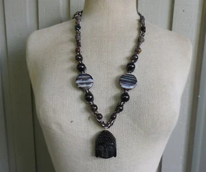 Obsidian Buddha Head Adjustable Hemp Necklace w Onyx Smoky Quartz Gemstone Beads - Picture 1 of 8