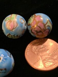 Vintage Turquoise Porcelain Chinese Bead Pink Green Flowers Gold 12mm Round