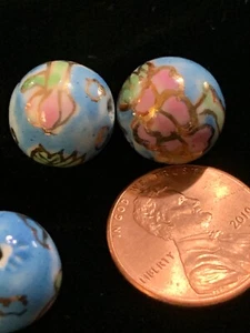 Vintage Turquoise Porcelain Chinese Bead Pink Green Flowers Gold 12mm Round - Picture 1 of 8