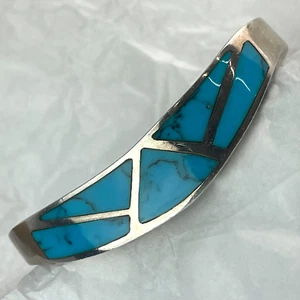 Bracelet vintage en argent sterling 925 incrustation turquoise Mexique - Photo 1/10