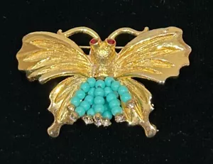 Pin mariposa vintage con cuentas de color turquesa y ojos de estrás - Imagen 1 de 2