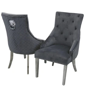 SET of 2 Furniture, Bentley Chrome Dining Chair Dark Grey Velvet Lion Knocker. - Picture 1 of 2