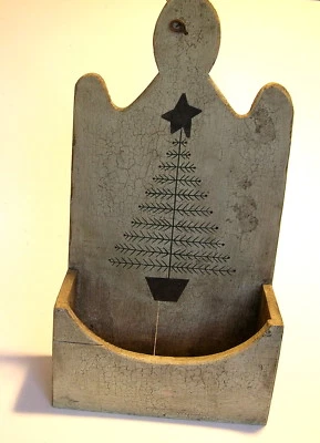 Primitive Hanging Wood Box Feather Tree Design - Image 1 of 4
