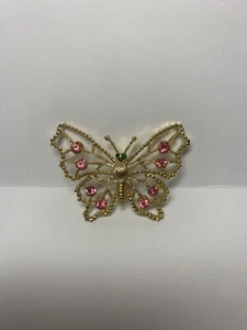 BUTTERFLY BROOCH PIN-STUNNING RHINESTONES-GOLD METAL-UNSIGNED-VINTAGE-PRE OWNED - Picture 1 of 8