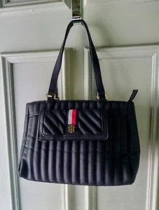 Tommy Hilfiger Navy Blue Quilted Shopper Tote Shoulder Bag w/ Front Flap Pocket - Picture 1 of 12