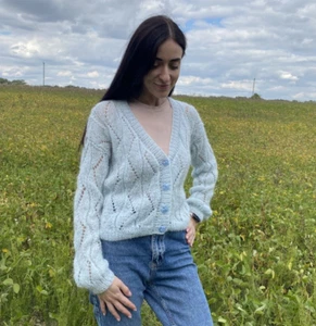 Light mohair lace women sweater Hand knitted bride cardigan Blue Jacket handmade - Picture 1 of 12