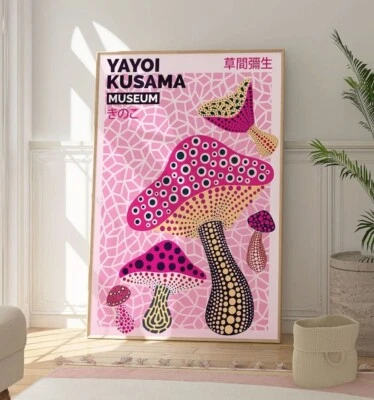 Yayoi Kusama Pink Mushroom Print, Abstract Wall Art Decor, Famous Artist Artwork - Image 1 of 4