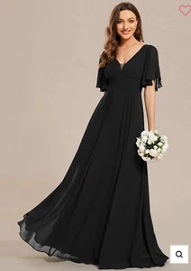 NWT Ever-Pretty Black Chiffon Size 8 Short Sleeves Empire Waist Bridesmaid Dress - Picture 1 of 16