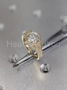 1ct Round Cut Moissanite Hexagon Bezel Set Engagement Ring 14k YellowGold Plated - Picture 1 of 10