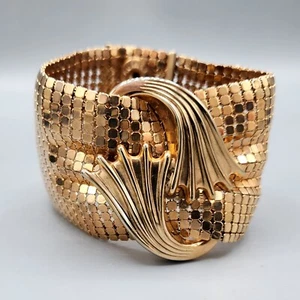 Estate Retro Rose Gold Tone Mesh Repousse Cinched Cuff Bracelet 6.5" - Picture 1 of 12