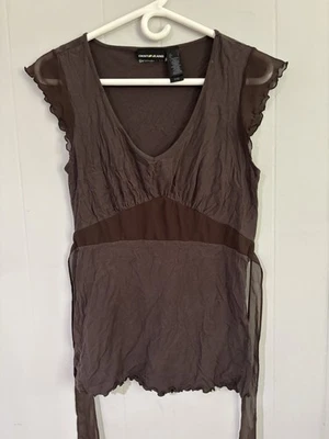 DKNY Babydoll Top Womens L Brown Knit Sheer Lettuce Hem Cap Sleeves Tie Back Y2K - Image 1 of 4