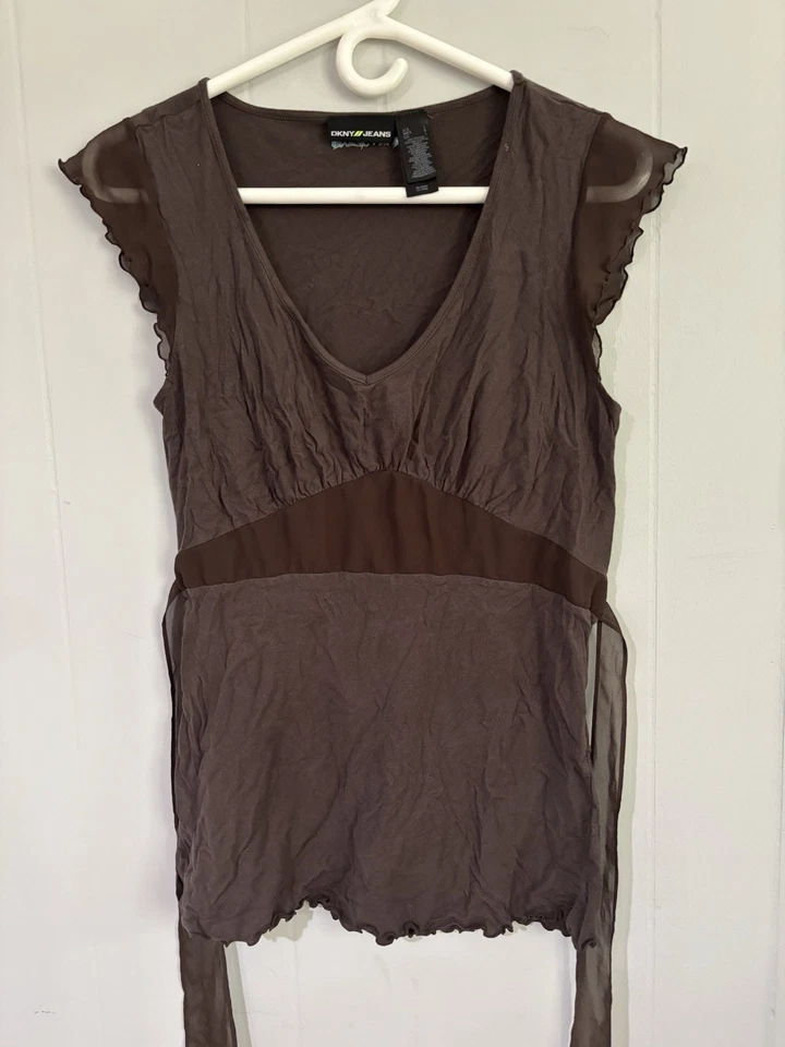 DKNY Babydoll Top Womens L Brown Knit Sheer Lettuce Hem Cap Sleeves Tie Back Y2K - Image 1 of 4