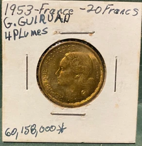 FRANCE, 1953, 20 Francs, 4 plumes, coin, circulated - Picture 1 of 4