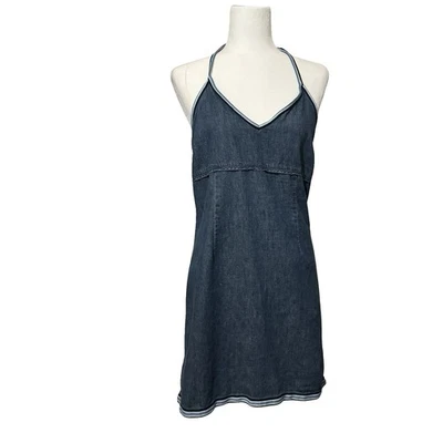 Винтажный Y2K старый темно-синий джинсовой ткани с бретелью через шею платье гонщик полоски размер 10 лето 04 - Изображение 1 из 4