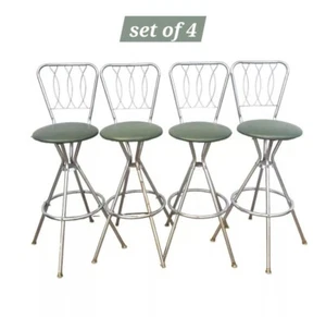 VTG MCM Bar Stools Set 4 Atomic Chrome Hourglass Back Green Swivel Retro - Picture 1 of 21