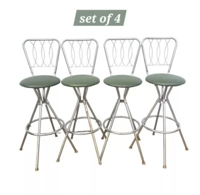 Vintage MCM Bar Stools Set Of 4 Atomic Chrome Hourglass Back Green Swivel Retro - Image 1 of 4