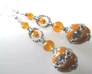 Vintage Look Dangly Long Indonesian Ceramic Crystal Earrings + Free Secret Pair - Picture 1 of 7
