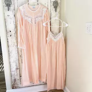 Vintage Eve Stillman Size Medium Cotton Lace Beaded Nightgown Dainty Rob Set - Picture 1 of 10