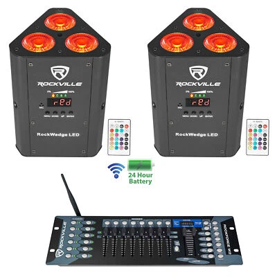 (2) Rockville RockWedge LED Battery Powered Par Lights+Wireless DMX Controller - Image 1 of 4