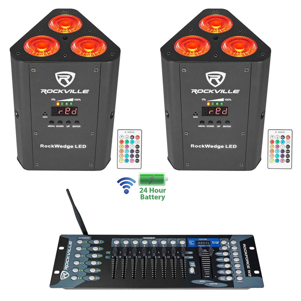 (2) Rockville RockWedge LED Battery Powered Par Lights+Wireless DMX Controller - Image 1 of 4