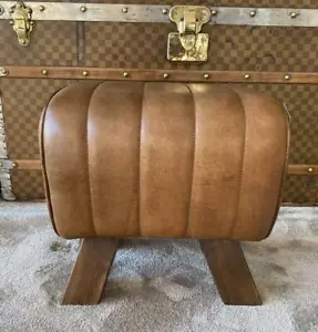 Brown Leather Stool / Footstool Wood Legs Pommel Horse Style Retro Vintage - Picture 1 of 12