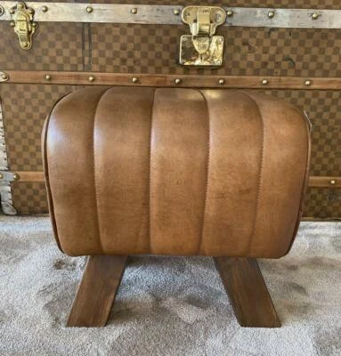 Brown Leather Stool / Footstool Wood Legs Pommel Horse Style Retro Vintage - Image 1 of 4
