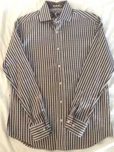 Mens BUGATCHI Shirt White Stripe Blue & Brown SHAPED FIT Button Front Medium - Picture 1 of 12