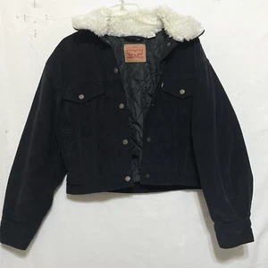 Levis Jacket Women XS Black Corduroy A34890001 White FauxFur Collar Quilted Snap - Picture 1 of 8