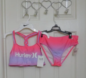 NWT 2pc Hurley Pink Purple Swimsuit White Logo sz L - Picture 1 of 2